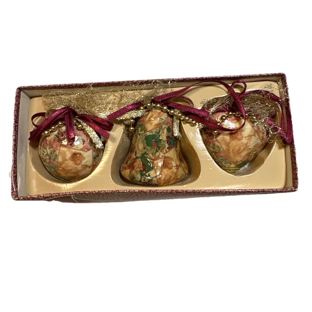 Vintage Set Of 3 Decoupaged Christmas Ornaments-Boxed Bell, Heart & Ball Shaped